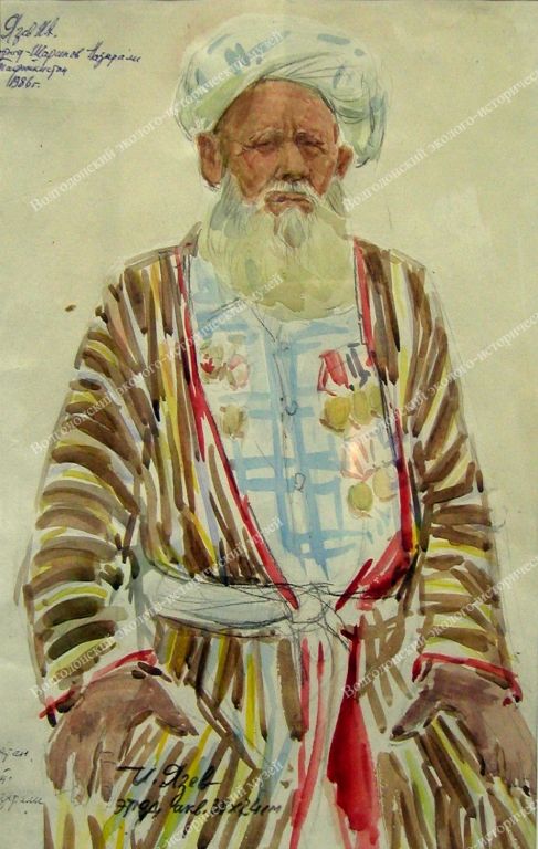 Язев И.А. Этюд. Шарипов Назарали. 1986 г. Таджикистан. Бумага. Акварель. Карандаш.
