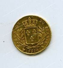Монета "20 франков". 1814 год. Людовик XVIII. Франция. Парижский монетный двор. Гравер Пьер Жозеф Тиолье. Золото. 